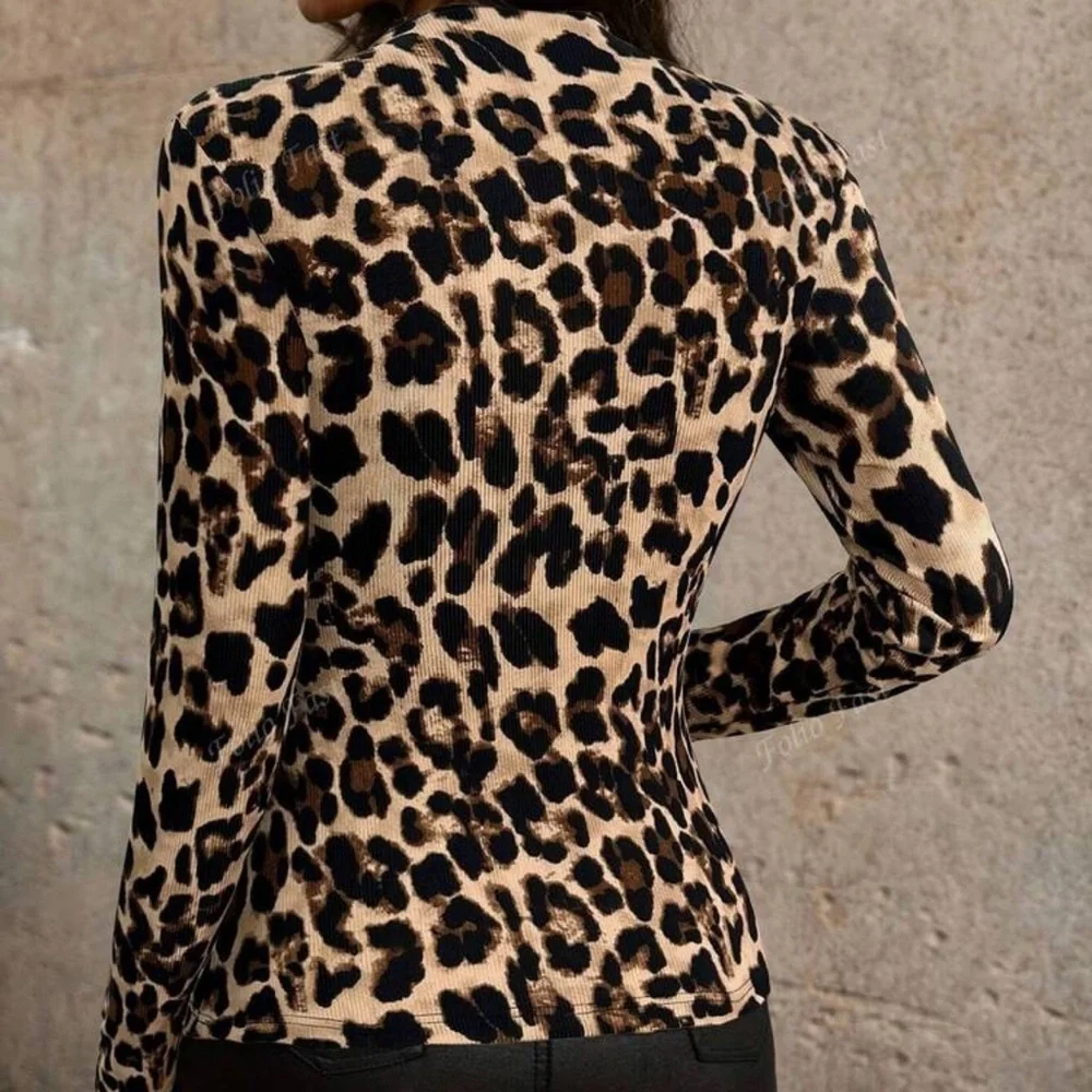 Women Leopard Spot Printed Long Sleeve Hollow Out Fitted T-Shirt - Picture 2 of 3